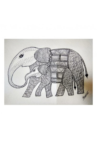 Gond art painting of mother and baby elephant " mother's love"